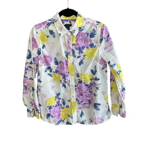 Talbots Spring Lavender Yellow Floral Button Front Shirt Size Medium Petite - Picture 7 of 8